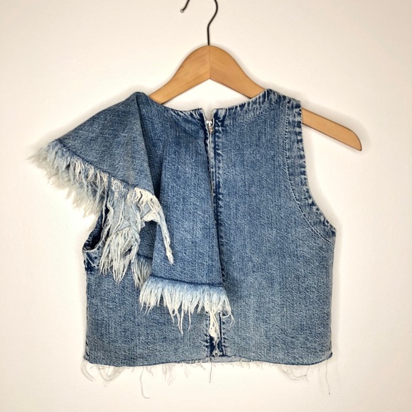 Zara cropped Chambray Denim Ruffle Top S Raw - Picture 4 of 8